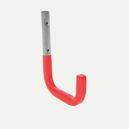 The Rothley Steel Storage Hooks feature a silver top and red-coated lower section, ideal for wall-mounted storage and organising tools, bikes, and more in your garage.