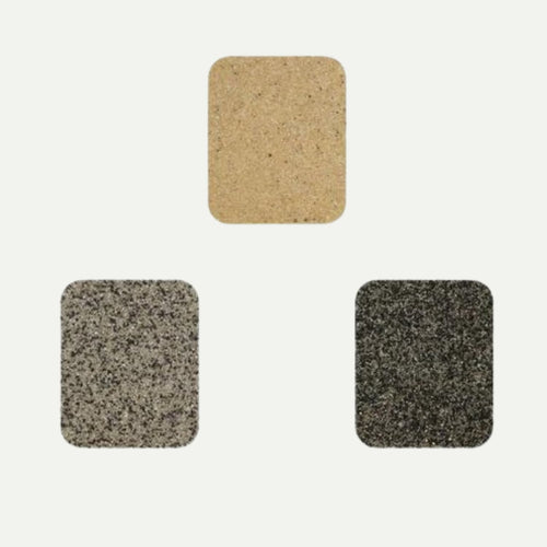Three rectangular samples show sand or gravel textures for Indian sandstone paving, arranged in a triangle on white: light tan top, light gray bottom left, dark gray bottom right—ideal with Joint-It Paving Jointing Compound 12.5kg for weed-resistant joints.