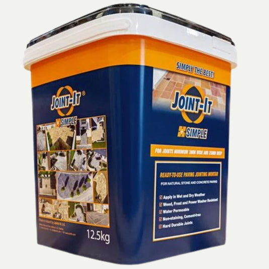 The 12.5kg Joint-It Paving Jointing Compound by Joint It is weed-resistant, ideal for Indian sandstone, and comes in a blue, orange, and white bucket with product images and usage instructions.