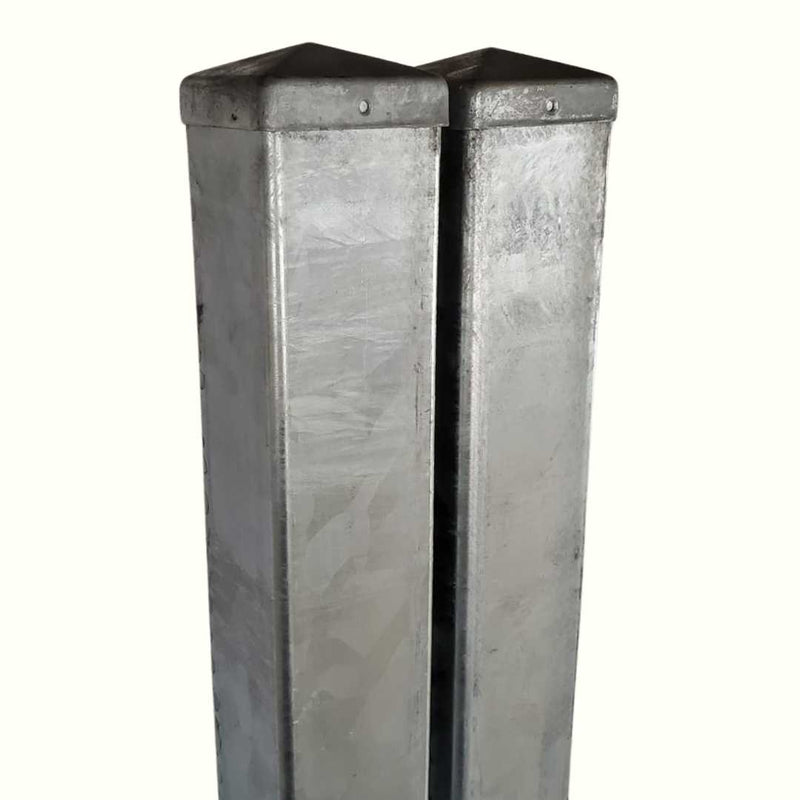 Load image into Gallery viewer, Two gray LastPost galvanised steel fence posts with pyramid tops by Bingley Fencing stand side by side against a plain white background.
