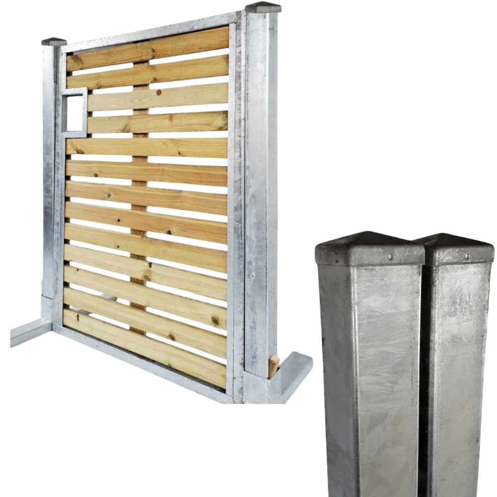 A metal-framed gate with horizontal wooden slats, featuring a small square cut-out near the top left. Also shown is a close-up of two metal fence posts with pointed tops.