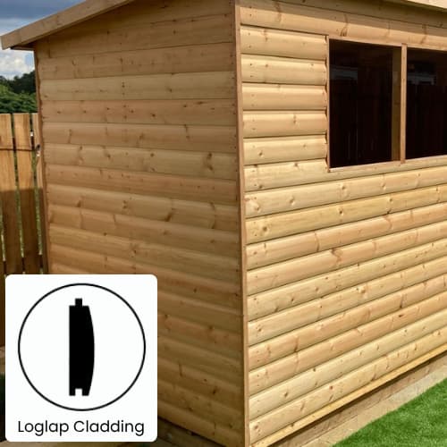 A wooden shed with loglap cladding, featuring horizontal curved panels and a window on the side. An inset diagram in the corner shows a cross-section labeled Loglap Cladding.
