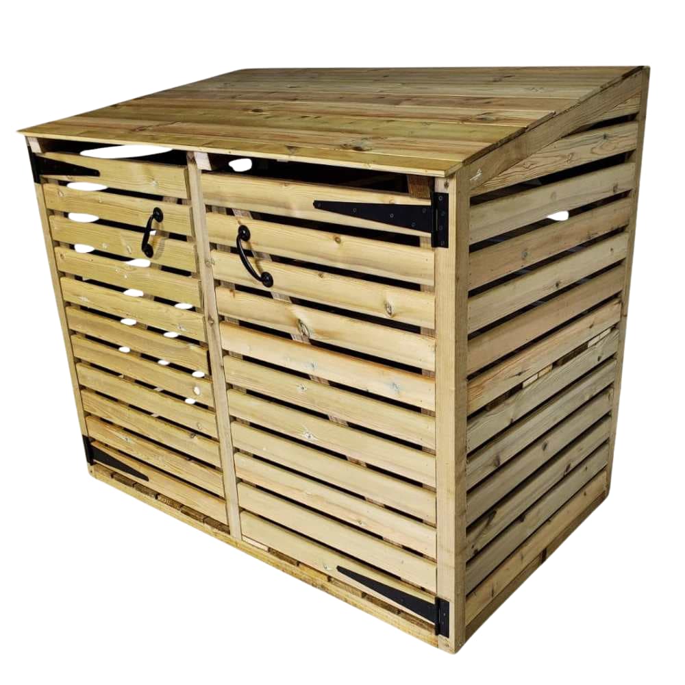 A wooden outdoor storage box with a slatted design, two doors with black metal handles and hinges, and a sloped roof. The structure appears suitable for storing bins or garden equipment.