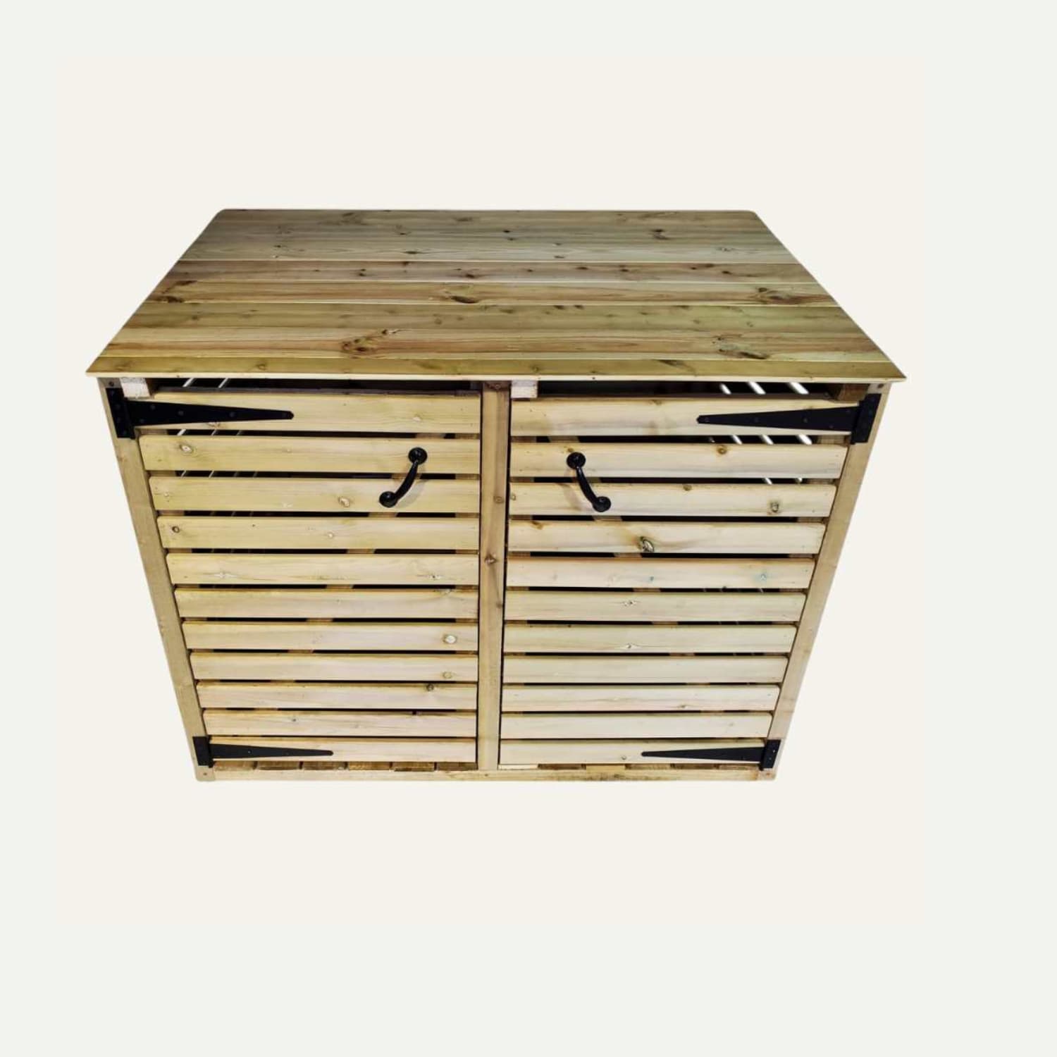 The Log Stores by Bingley Fencing features a wooden storage cabinet crafted from tanalised timbers with a rustic finish. It has two doors with black handles and hinges, horizontal slats, and a flat top surface suitable for extra storage or display.