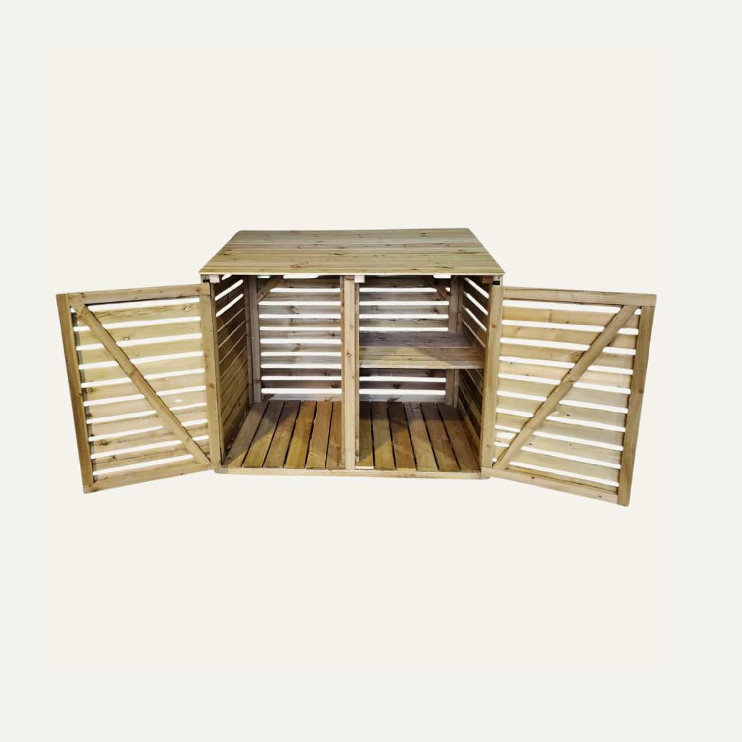 The Log Stores by Bingley Fencing features slatted doors and two compartments. Made from tanalised timber, it includes a shelf in one section. This simple, functional design is ideal for outdoor use and perfect for Bingley Fencing setups or storing logs.