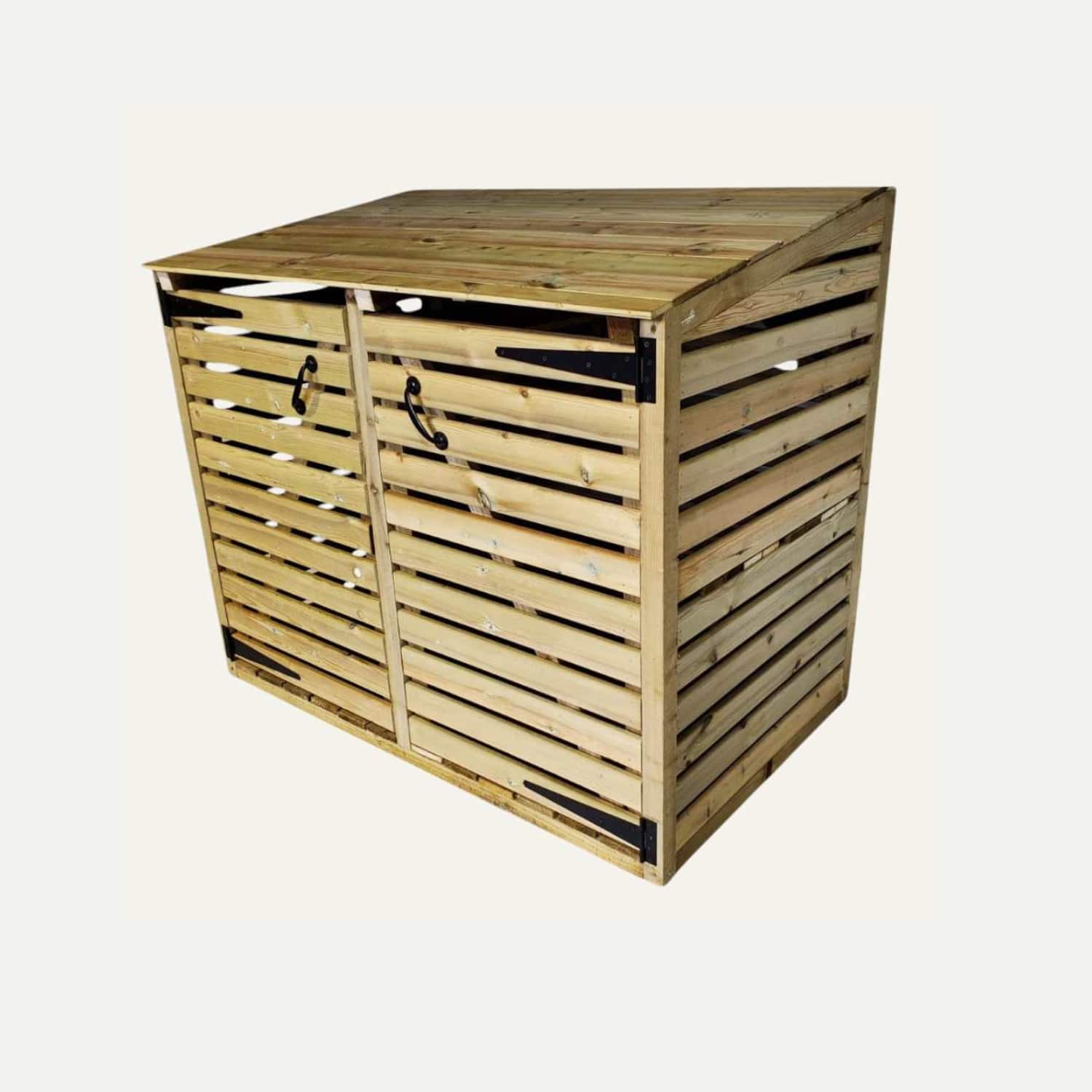 The Log Stores by Bingley Fencing outdoor storage shed, made from tanalised timber, features slatted panels, two doors with black metal handles and hinges. The light-colored wood flat roof offers a stylish and durable design.