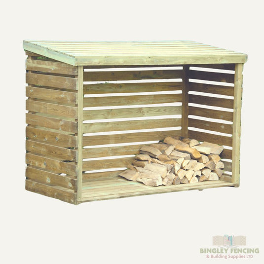 Wooden bin store with a pile of logs on the floor