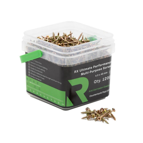 A square plastic container of RIKA RX Multi-Purpose Screws 4.0 x 40mm – 1200 Pack is displayed, featuring a green scoop and a black-and-green label showing product details and quantity. Several construction screws are scattered outside the container.