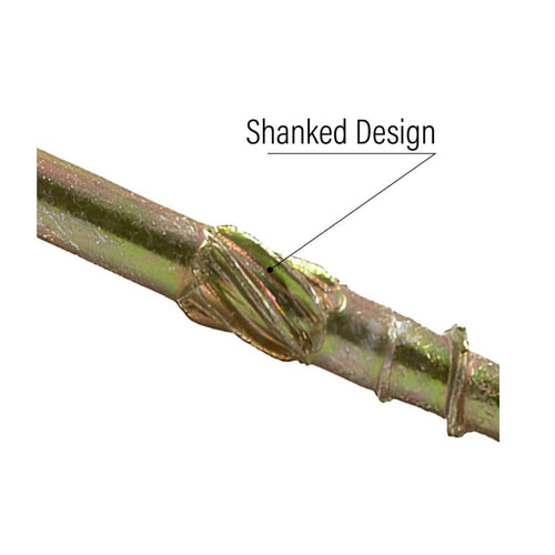 Close-up of a RIKA RIKÄ RX Multi-Purpose Screw (4.0 x 50mm) with a ridge labeled “Shanked Design.” The screw, known for its high-quality build and versatility in construction, features a shiny gold finish. The label highlights a pronounced ring or bulge along its shank, characteristic of the durable design commonly seen in timber screws.