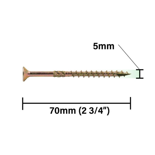 A single RIKA RX Multi-Purpose Screw from the 5.0 x 70mm (450 Pack) is shown, with its length labeled as 70mm (2 3/4″) and its diameter as 5.0mm.