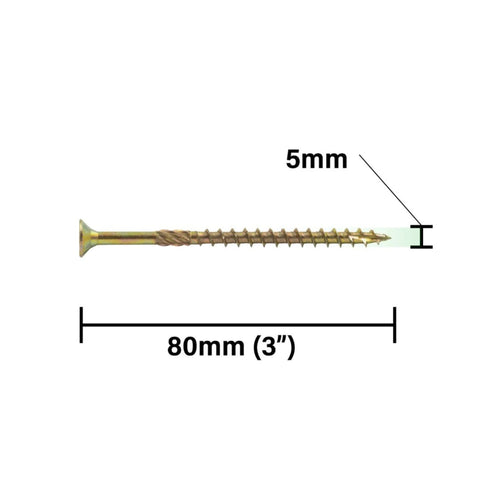The RIKÄ RX Multi-Purpose Screw by RIKA features a gold finish with a flat head, measuring 80mm (3 inches) in length and 5.0mm in thickness. Clearly labeled with measurements on a white background, this versatile screw is ideal for various applications.