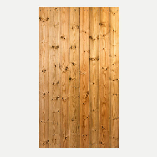 The Bingley Fencing Interlocking Wooden Garden Gate – Solid Privacy Timber Gate features light brown vertical timber panels with natural knots and grains, made from evenly aligned planks for enhanced durability and style.
