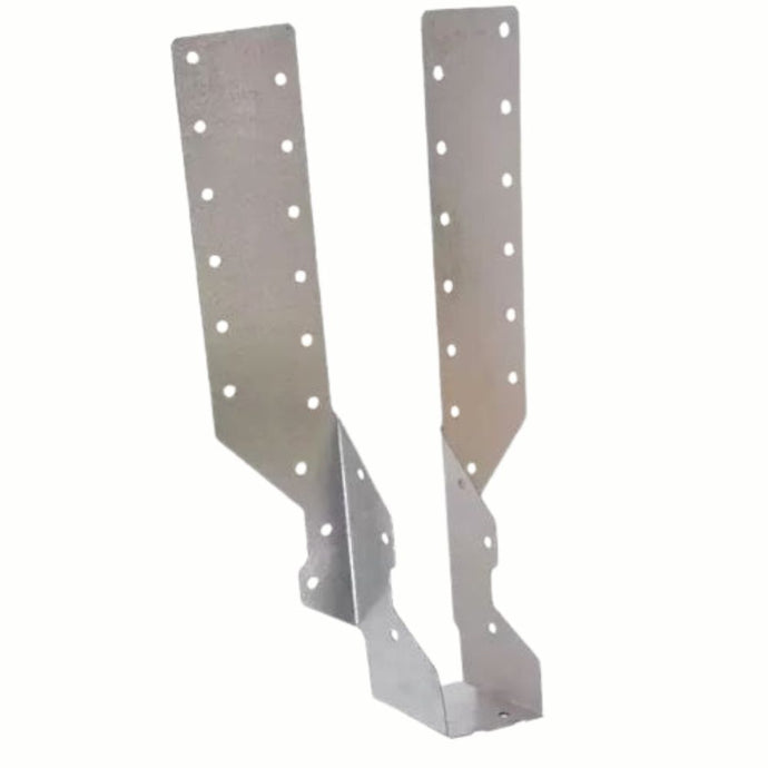 Two metal brackets with multiple holes on a white background