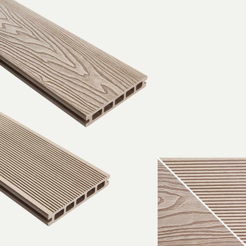 Here’s a rewritten sentence using your product data: Two deX Classic Composite Decking Boards 3.6m by Bingley Fencing are shown: one side displays a wood grain texture, while the other features narrow grooves. A close-up in the corner highlights both reversible surface options side by side. The light brown boards deliver a low-maintenance decking solution and are available in four colours.