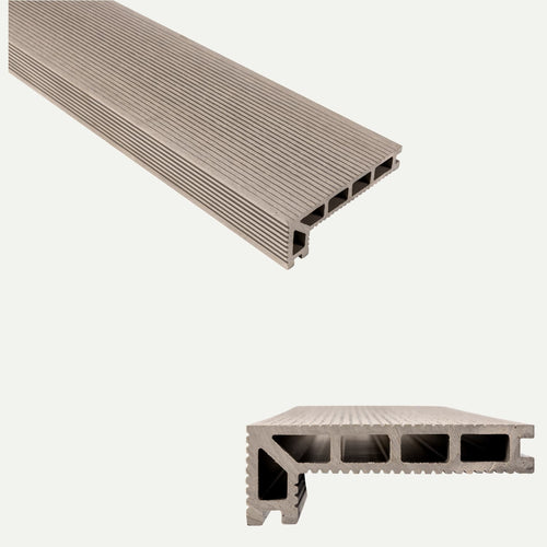 Bingley Fencing’s deX Classic Composite Decking Boards 3.6m, shown in beige with perspective and cross-section views, feature a grooved surface and hollow core chambers for a durable, low-maintenance decking solution.