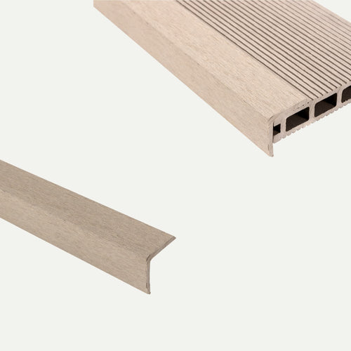 Two light-brown deX Classic Composite Decking Boards by Bingley Fencing are shown on a plain white background: one features a grooved surface with a hollow core, while the other is an L-shaped trim piece—both designed for low-maintenance decking.