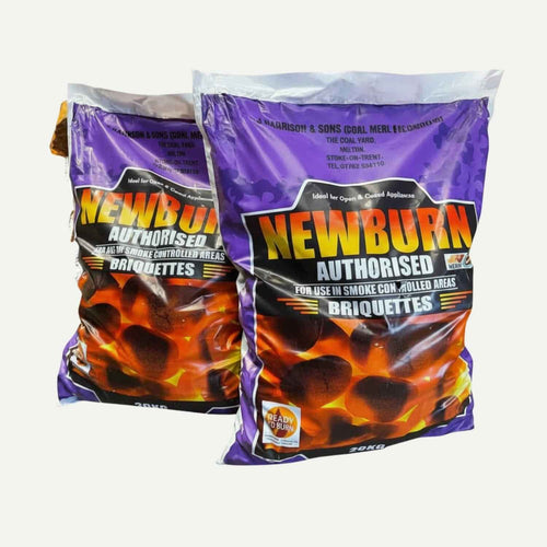 Two bags of Bingley Fencing's Newburn 25KG Smokeless Coal - Premium, featuring a purple and orange design, are labeled as authorized for use in smoke-controlled areas. These clean-burning briquettes are ready to burn, providing a low-emission alternative to traditional options.