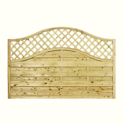 The KDM Reduced 4ft High Omega Lattice Top Fence Panel (OLT120) is a decorative, pressure-treated timber fence with a curved lattice top and solid horizontal panels in light-colored wood, designed for durability.