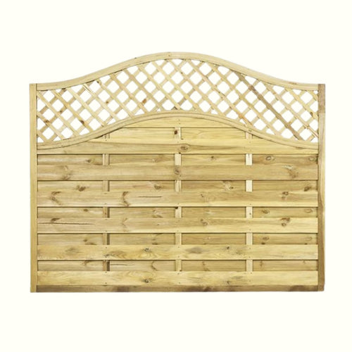 The KDM Reduced 5ft High ONLY Omega Lattice Top Fence Panel (OLT150) features a curved top, diagonal lattice upper section, and horizontal slats with a natural light finish. Its pressure-treated timber ensures durability and decorative appeal.