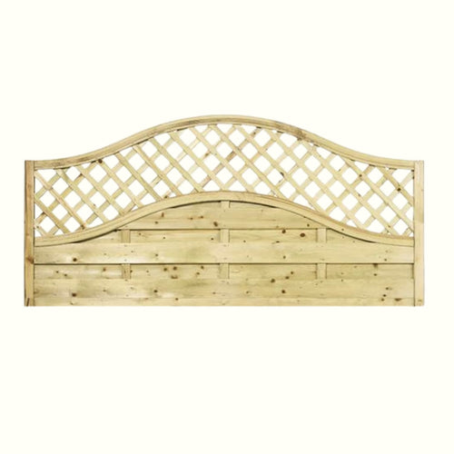 The KDM Reduced 3ft High Omega Lattice Top Fence Panel (OLT90) features an elegant wave-shaped top and decorative lattice above solid horizontal panels. Its unfinished, light wood adds natural charm to any garden.