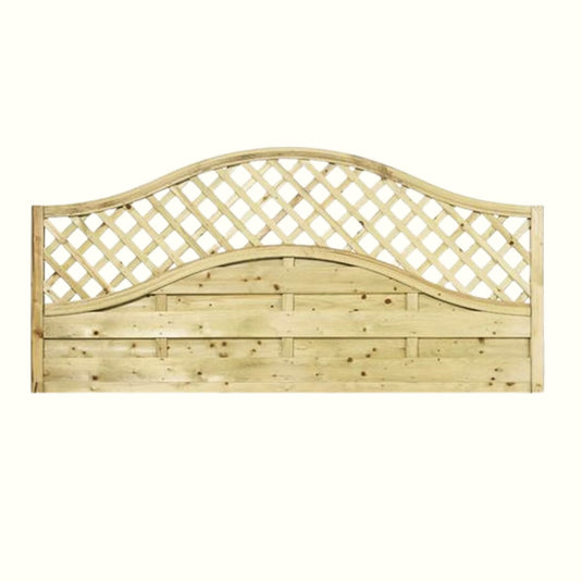 The KDM Reduced 3ft High Omega Lattice Top Fence Panel (OLT90) features an elegant wave-shaped top and decorative lattice above solid horizontal panels. Its unfinished, light wood adds natural charm to any garden.