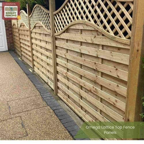 KDM Omega Lattice Top Fence Panels (OLT) with a woven timber design and lattice top line a paved path. The Bingley Fencing logo is visible in the image.