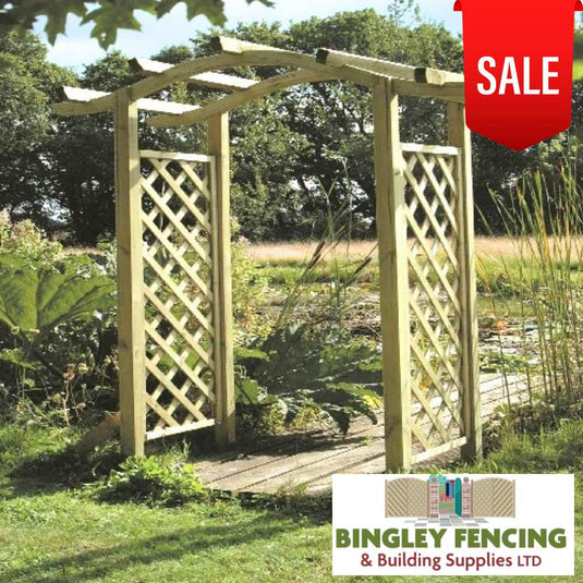 wooden garden arch with curved top and trellis sides