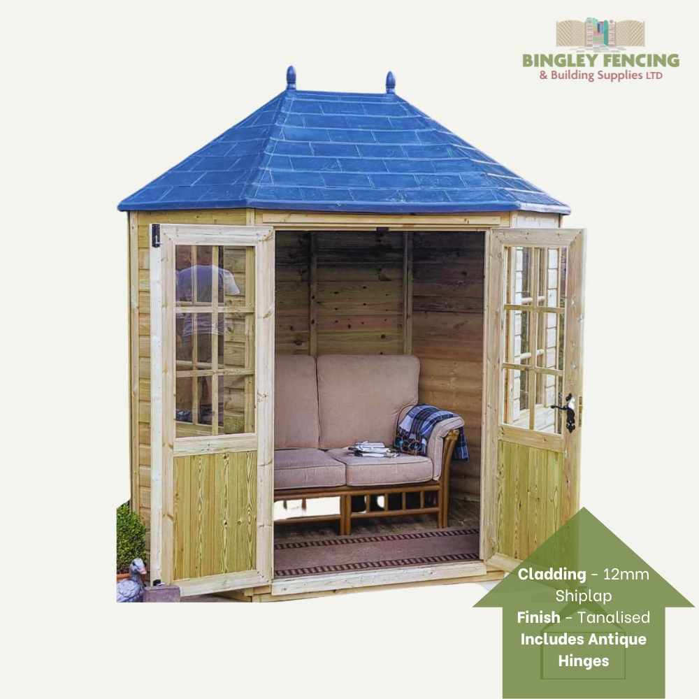 The Bingley Fencing Octagonal Summerhouse features an octagonal design with open double doors that reveal a cushioned seat inside. Its blue shingle roof and Georgian windows enhance its elegance. The product description includes: Cladding - 12mm Shiplap, Finish - Tanalised, and Antique Hinges are included.