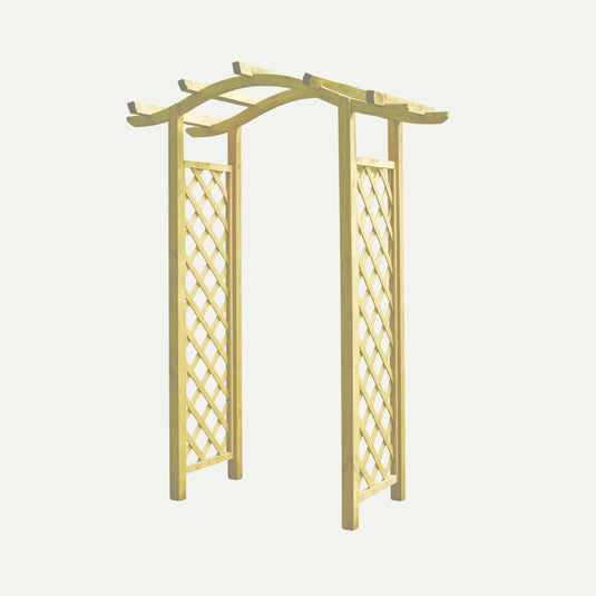 The KDM Omega Top Arch - OTA1 is a tanalised softwood garden arch with a curved top and lattice sides, shown on a plain white background. Installation service is available for easy setup.