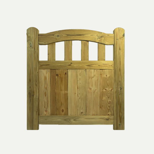 The KDM Omega Top Regency Euro-Gate is a timber garden gate with a natural finish, featuring three vertical rectangular cutouts near its curved top and solid tongue and groove panels below, showcasing visible wood grain.