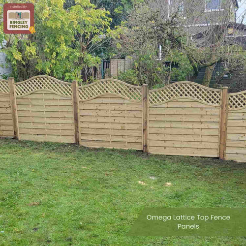 A garden with grass and trees features KDM Omega Lattice Top Fence Panels (OLT), with a wavy top edge and lattice design, showcasing custom garden fencing by Bingley Fencing in the corner.