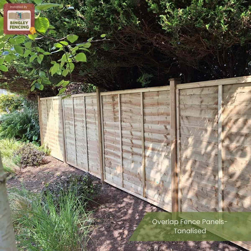 A row of light wooden fence panels lines a garden border under leafy trees, with soil and plants in front. Text: Overlap Fence Panels- Tanalised. The Bingley Fencing logo appears in the top left corner.