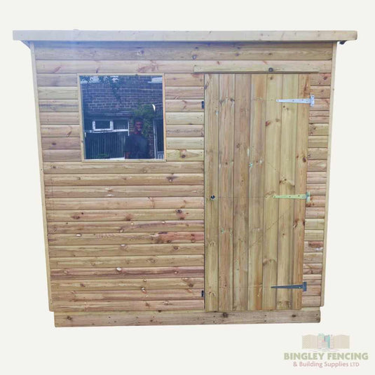 Garden shed with sloping pent style roof, one window and single door