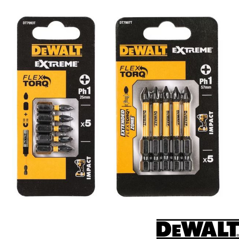 Load image into Gallery viewer, Two packs of Dewalt Extreme FlexTORQ PH1 screwdriver bits are displayed. The left pack contains five 25mm bits, while the right pack includes five 57mm bits, both ideal for impact drivers. The Dewalt logo is visible at the bottom right corner.
