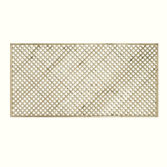 The KDM Trellis - Privacy Lattice- Rectangle 90cm x 183cm (PL10) features a crisscross design, shown on a white background—perfect as a pressure-treated garden panel for style and durability.