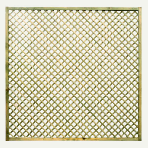 The KDM Trellis - Privacy Lattice- Rectangle 180cm x 183cm (PL13) features a crisscross diamond wooden design with a solid border, perfect for climbing plants or as stylish garden fencing.