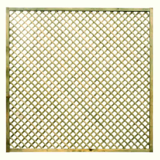 The KDM Trellis - Privacy Lattice- Rectangle 180cm x 183cm (PL13) features a crisscross diamond wooden design with a solid border, perfect for climbing plants or as stylish garden fencing.