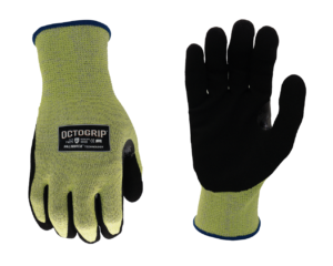 A pair of Octogrip-PW275 Cut Safety Pro Gloves by Bingley Fencing features black latex palms and yellow-green fabric on the back. The gloves sport a blue trim at the wrists with an Octogrip label. One glove is displayed palm up to emphasize its tear resistance, while the other is shown palm down.