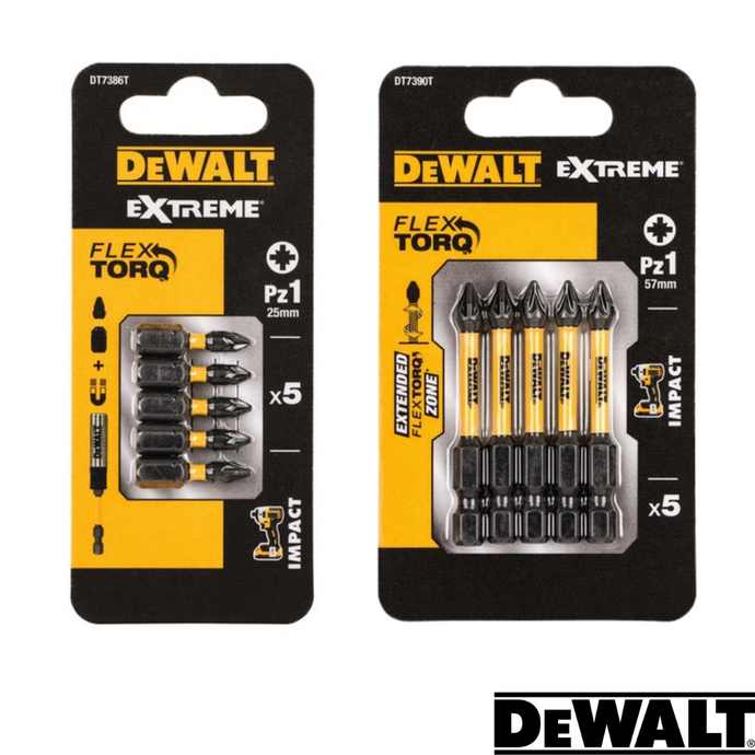 Two packs of Dewalt Extreme FlexTORQ PZ1 screwdriver bits are shown. The left package contains short bits labeled Pz1 for precise tasks, while the right package includes longer 57mm Pz1 bits designed for impact drivers. Both packages prominently display the renowned Dewalt logo and highlight the impact feature, with each pack containing five pieces.