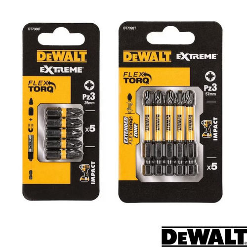 The image shows two blister packs of Dewalt- Extreme FlexTORQ PZ3 Various Lengths - Pack Of 5 screwdriver bits. The pack on the left contains five 25mm PZ3 bits, and the one on the right contains five 57mm PZ3 bits, making them perfect for impact drivers. At the bottom of each pack, you can see the renowned Dewalt logo prominently displayed.