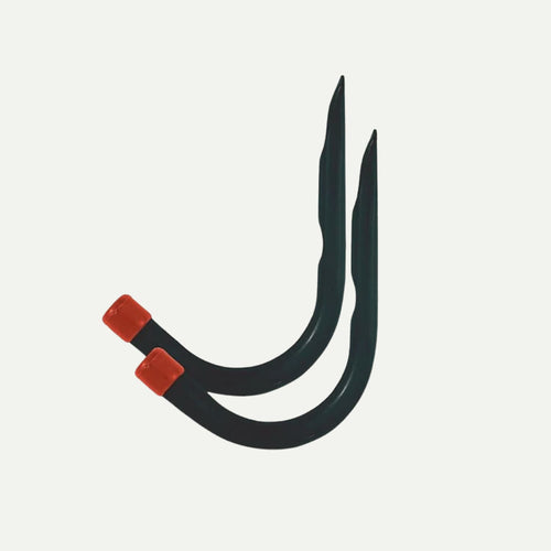 A Pair of Handy Hooks by KDM, featuring black metal construction and red plastic caps, are shown side by side on a plain white background—perfect for securing garden timbers or decking projects.
