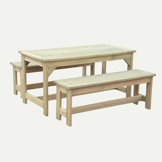 The KDM Patio Dining Set - PDS features a picnic table and two matching benches, all made from light-colored tanalised softwood, shown on a plain white background.