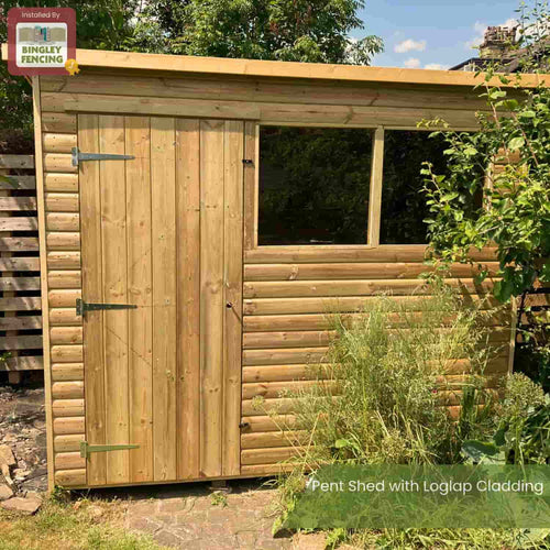 A garden shed built with Bingley Fencing Loglap Cladding Boards (various thicknesses) features a sloped roof, left-side door with metal hinges, a long right window, and is surrounded by lush greenery.