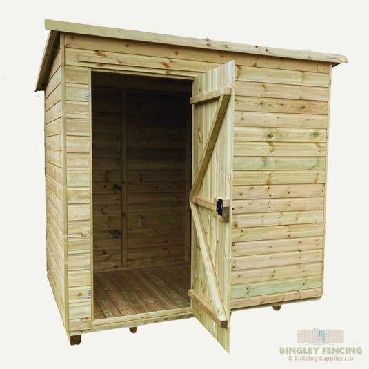 Pent style wooden shed with open single door