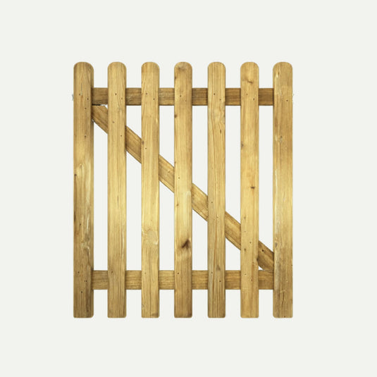 The KDM Round Top Picket Gate - RTPG90 features vertical planks with rounded tops and diagonal support beams, ideal for bespoke picket gate installations, shown here against a plain white background.