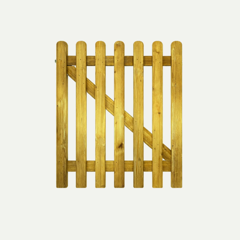 A wooden garden gate with vertical slats and a diagonal support bar, isolated on a white background.