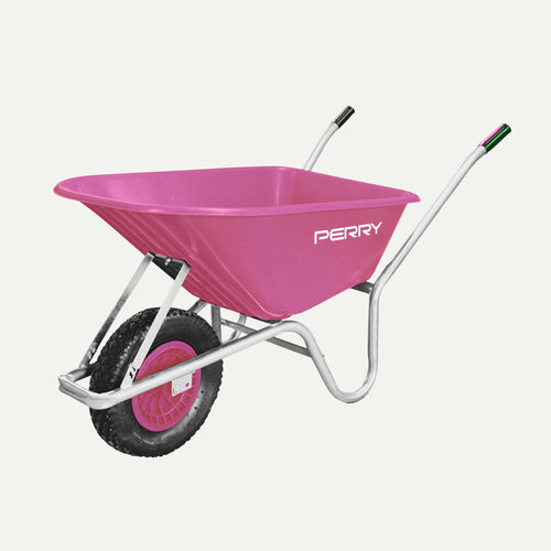 A pink 110L Garden Wheelbarrow by KDM with silver comfort-grip handles and a single black wheel, featuring the KDM brand name in white letters on the side.