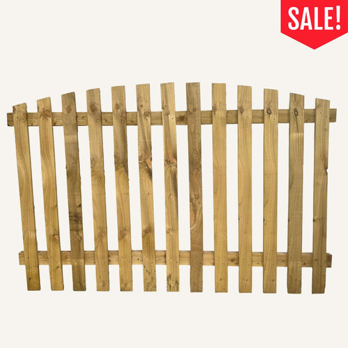 The Bingley Fencing Reduced Arched Paling Fence Panel (1830mm x 1200mm) features a tanalised timber build with evenly spaced vertical slats and a gently arched top—now on SALE for those seeking quality reduced paling fence panels.
