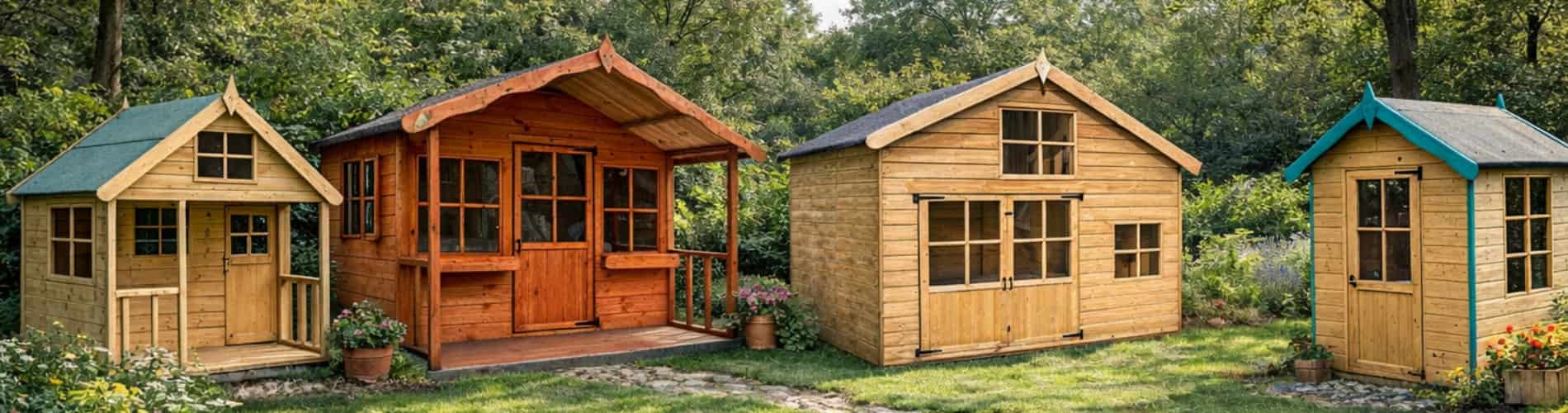 Four wooden garden sheds of various sizes and styles are arranged on a grassy area with plants and trees in the background on a sunny day.