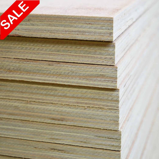 A close-up of stacked Bingley Fencing Plywood Offcuts – Various Sizes & Thicknesses with a red SALE banner in the top left corner, highlighting key quality and durability specifications.